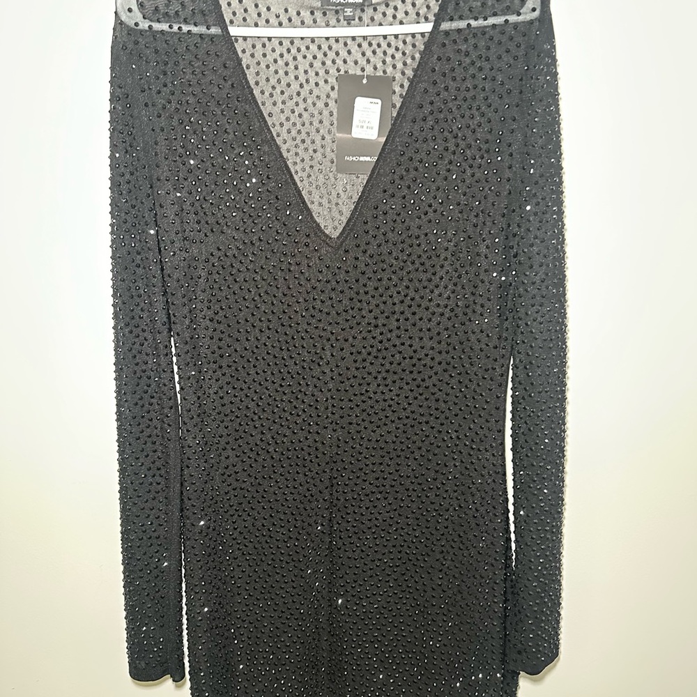 Fashion Nova Black Beaded Long Sleeve Dress